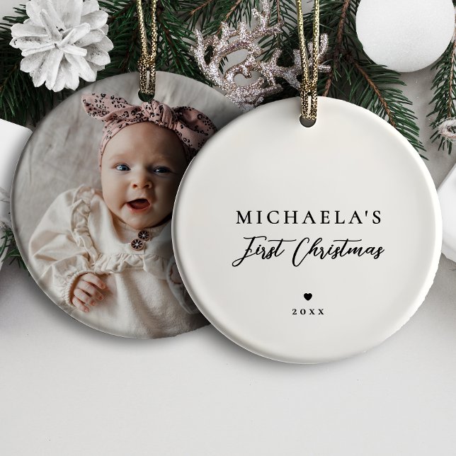 Baby's First Christmas Modern Minimalist Photo Ceramic Ornament (Creator Uploaded)