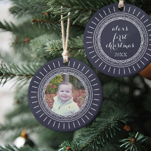 Baby's First Christmas Modern Navy & White Photo Ceramic Ornament