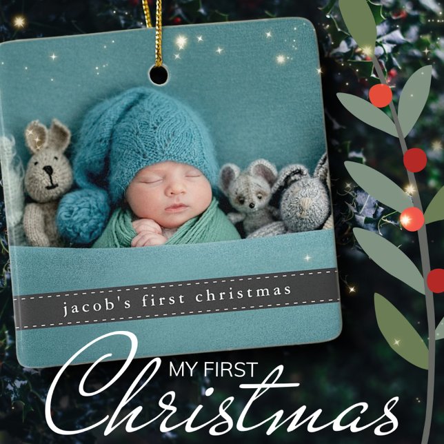 Baby's First Christmas Modern Ribbon Photo Ceramic Ornament (Creator Uploaded)