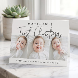Baby's First Christmas Modern Simple Three Photo Holiday Card