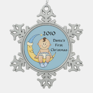 Baby's First Christmas Moon Boy Blue Customizable Snowflake Pewter Christmas Ornament