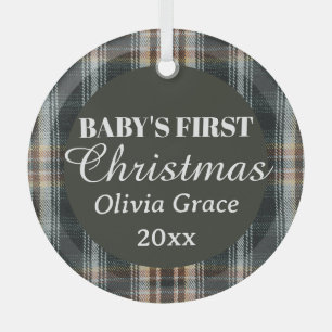 Baby's First Christmas Name Year Keepsake Plaid Glass Ornament
