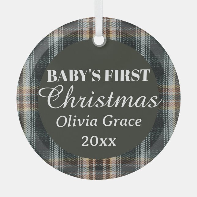 Baby's First Christmas Name Year Keepsake Plaid Glass Ornament (Front)