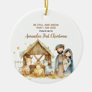 Baby's First Christmas Nativity Animal Bible Verse Ceramic Ornament