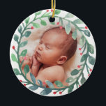 Baby's First Christmas Ornament | Christmas<br><div class="desc">Personalized circle ornament with our watercolor wreath artwork surrounding a placeholder to put your baby's photo. Personalize the back with the baby's name,  birth date and weight on the back. This makes a great one-of-a-kind gift for family and friends.</div>