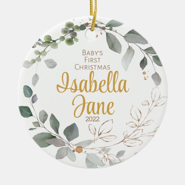 Baby's First Christmas Ornament, Gold & Green Ceramic Ornament (Front)