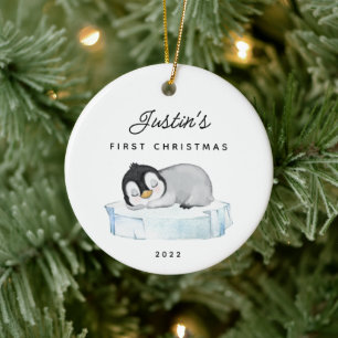 Baby's First Christmas Penguin 2 Sided Photo Ceramic Ornament