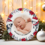 Babys First Christmas Penguin Photo Ceramic Ornament<br><div class="desc">Babys first christmas ornament featuring a photo of your child either side,  elegant watercolor baby penguins & florals,  the childs name,  and the year.</div>