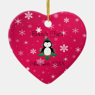 Baby's first christmas penguin pink snowflakes ceramic ornament