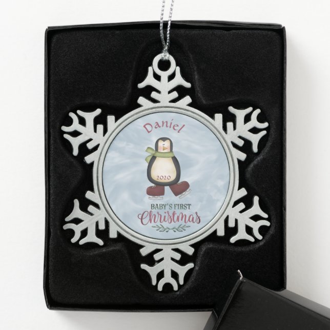 Baby's First Christmas Penguin  Snowflake Pewter Christmas Ornament (Box)