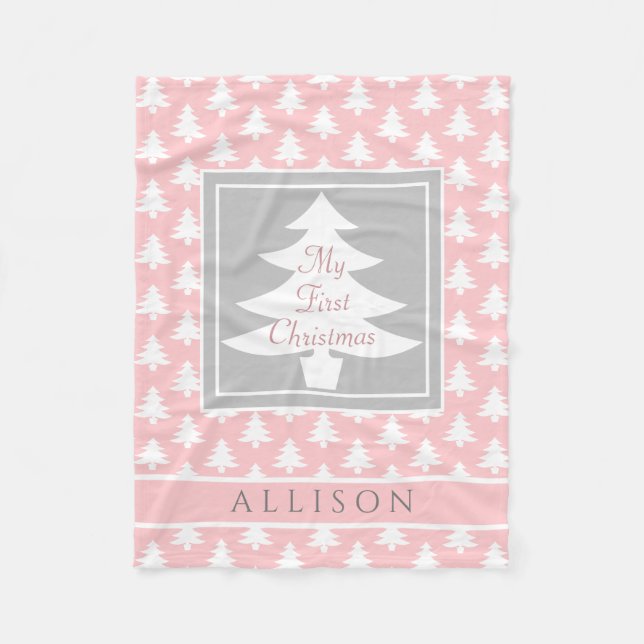 Baby's First Christmas Personalized Blush Pink Fleece Blanket (Front)