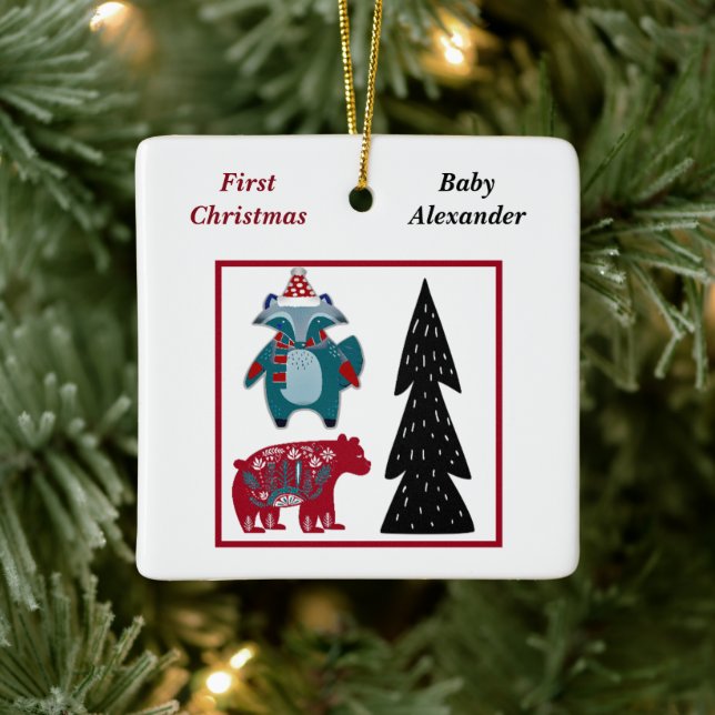 Babys First Christmas Personalized Nordic Folk Art Ceramic Ornament (Tree)