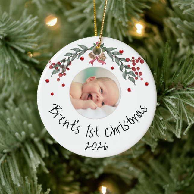 Baby's First Christmas Personalized Photo Ceramic Ornament (Tree)