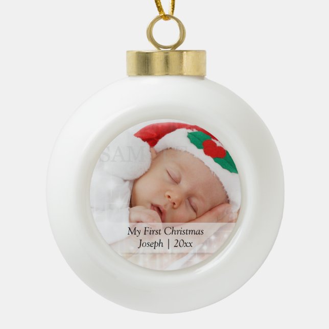 Babys First Christmas Personalized Photo Template Ceramic Ball Christmas Ornament (Front)