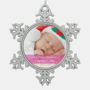 Babys First Christmas Personalized Photo Template Snowflake Pewter Christmas Ornament