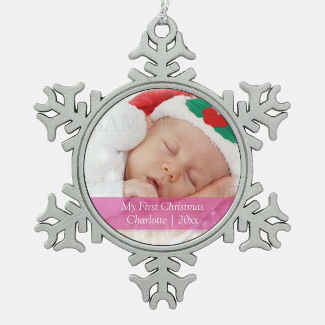 Babys First Christmas Personalized Photo Template Snowflake Pewter Christmas Ornament (Front)