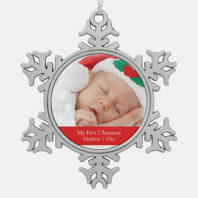 Babys First Christmas Personalized Photo Template Snowflake Pewter Christmas Ornament (Front)