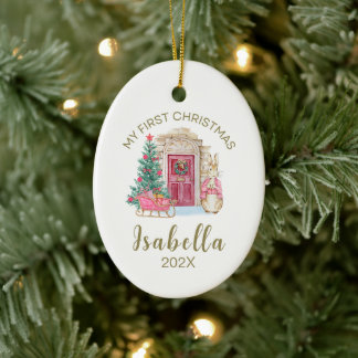 Baby's First Christmas Personalized Watercolor  Ceramic Ornament