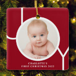 Baby's First Christmas Personilized Red Photo Ceramic Ornament<br><div class="desc">This stylish Baby's First Christmas Photo Ornament is decorated with the word JOY in white on a red background.
Easily customizable with your photo and name.</div>