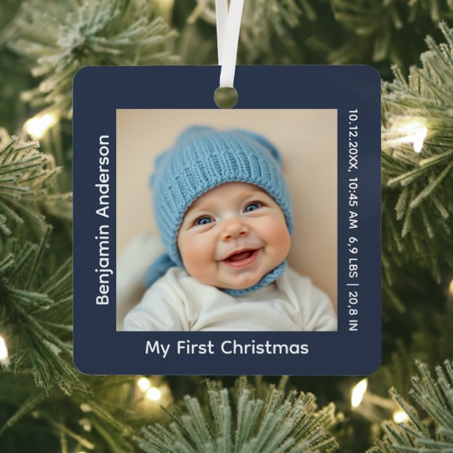 Baby's First Christmas Photo Birth Stats Metal Ornament (Insitu)