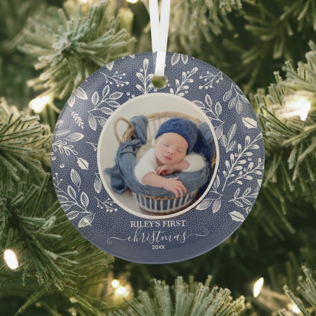 Baby's First Christmas Photo Blue Glass Ornament (Insitu)