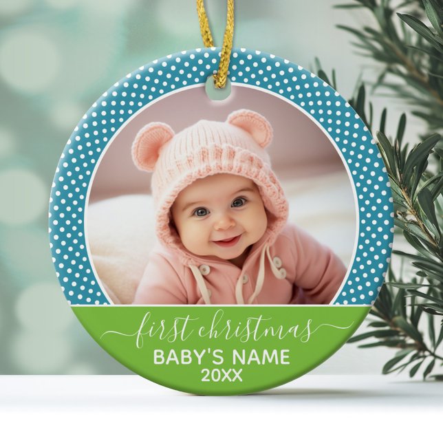 Baby's First Christmas Photo - Blue Lime Ceramic Ornament (Personalized Photo Ornament - Baby's First Christmas)