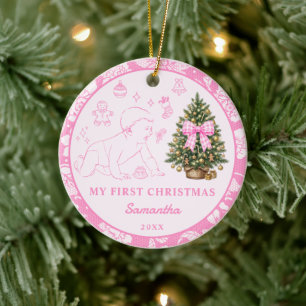 Baby's First Christmas Photo Blush Pink Lace Ceramic Ornament
