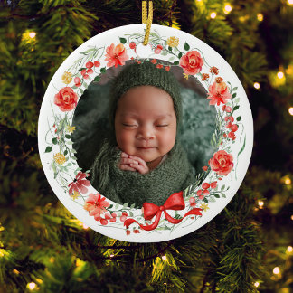 Babys First Christmas Photo Botanical Ceramic Ornament
