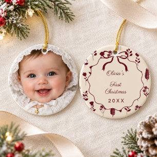 Baby's First Christmas photo bow wildflowers cream Ceramic Ornament