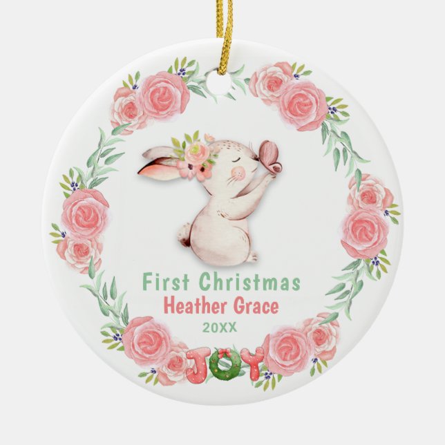 Babys First Christmas Photo Bunny Personalized Ceramic Ornament (Front)