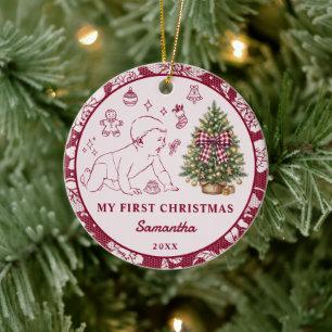 Baby's First Christmas Photo Burgundy Lace Ceramic Ornament