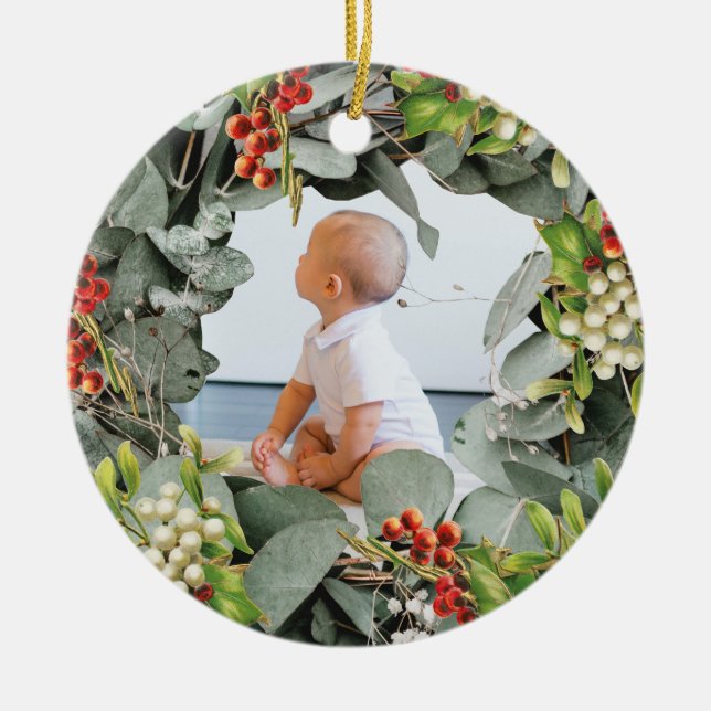 Baby's First Christmas Photo Ceramic Ornament (Front)