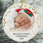 Baby's First Christmas Photo  Ceramic Ornament<br><div class="desc">This elegant Christmas Ornament is decorated with gold foliage on a white background.
Easily customizable with baby's name,  year,  and photo.
Please note that the small white stars are not included in the design.
Original Watercolor © Michele Davies.</div>
