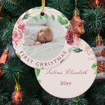 Baby's first Christmas photo Ceramic Ornament<br><div class="desc">Watercolor blush pink flowers,  green foliage,  and leaves and a classy handwritten style calligraphy script making a beautiful baby girl 1st Christmas photo personalized keepsake pink tree ornament.</div>