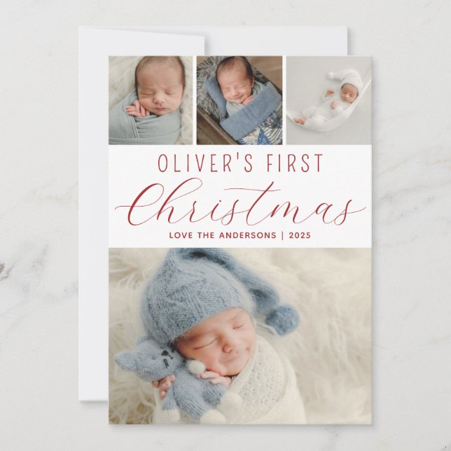  Babys First Christmas Photo Collage Red Holiday Card (Front)