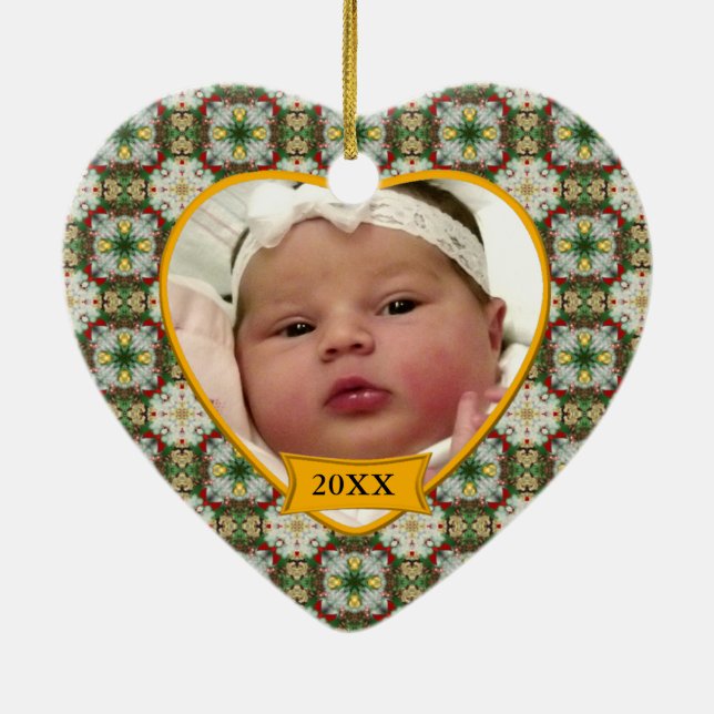 Baby's First Christmas Photo Colourful Pattern Ceramic Ornament (Back)