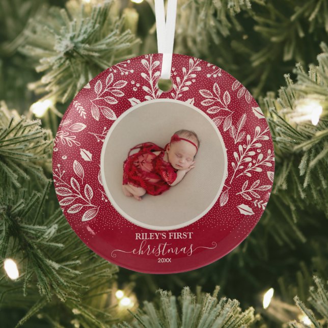 Baby's First Christmas Photo Cranberry Glass Ornament (Insitu)