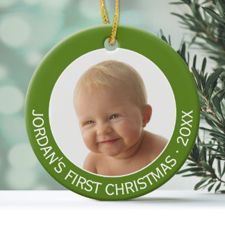Baby's First Christmas Photo Custom Name and Year Ceramic Ornament