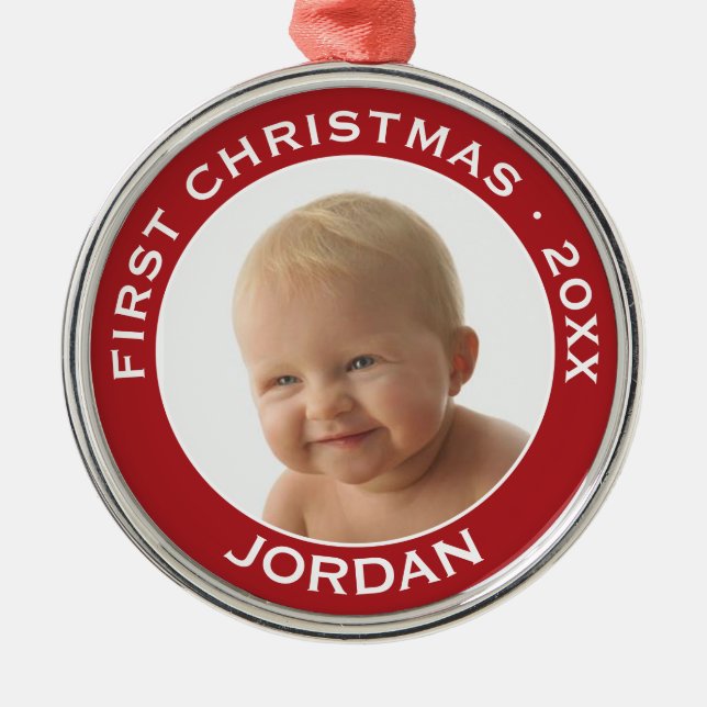 Baby's First Christmas Photo Custom Name and Year Metal Ornament (Front)