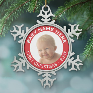 Baby's First Christmas Photo Custom Name and Year Snowflake Pewter Christmas Ornament