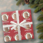 Baby's First Christmas Photo Custom Name and Year Wrapping Paper<br><div class="desc">Traditional Red and Green Border - Perfect gift for new parents or grandparents. A keepsake that highlights one picture and personalized text.</div>