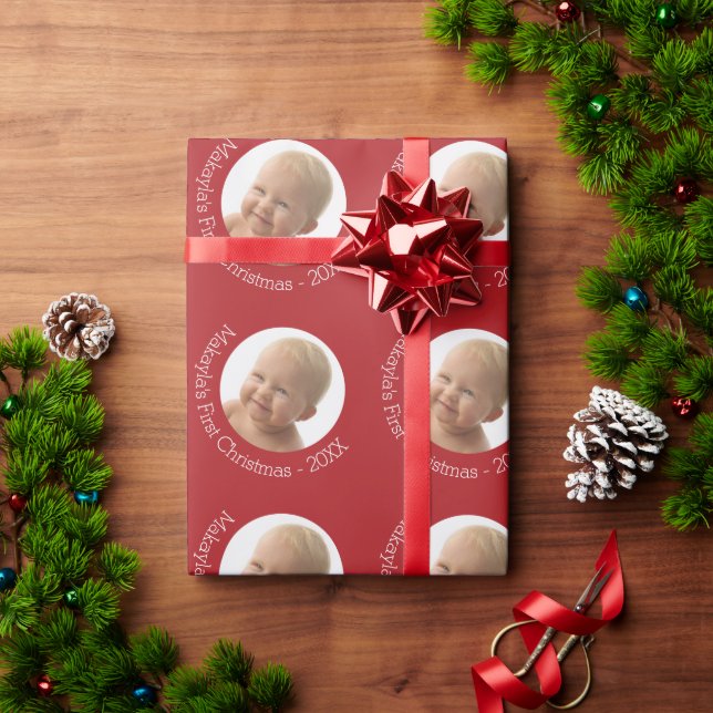 Baby's First Christmas Photo Custom Name Year Red Wrapping Paper (Holiday Gift)