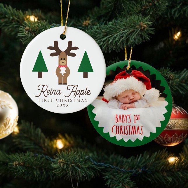 Baby's First Christmas Photo Cute Reindeer Ceramic Ornament (Add your little one's photo and name to this cute reindeer First Christmas Ornament)