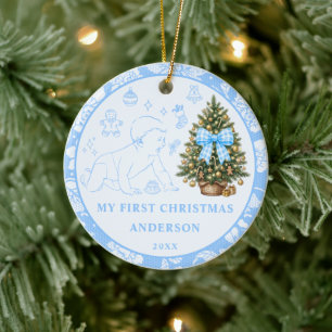 Baby's First Christmas Photo Dusty Blue Lace Ceramic Ornament