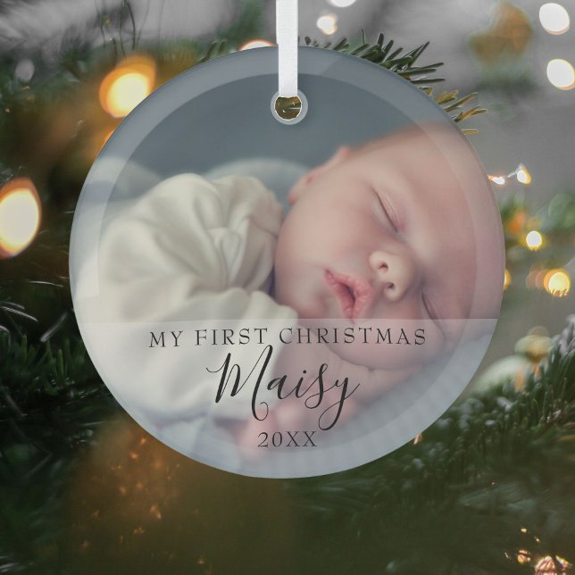 Baby's First Christmas Photo Elegant Script Glass Ornament (Creator Uploaded)