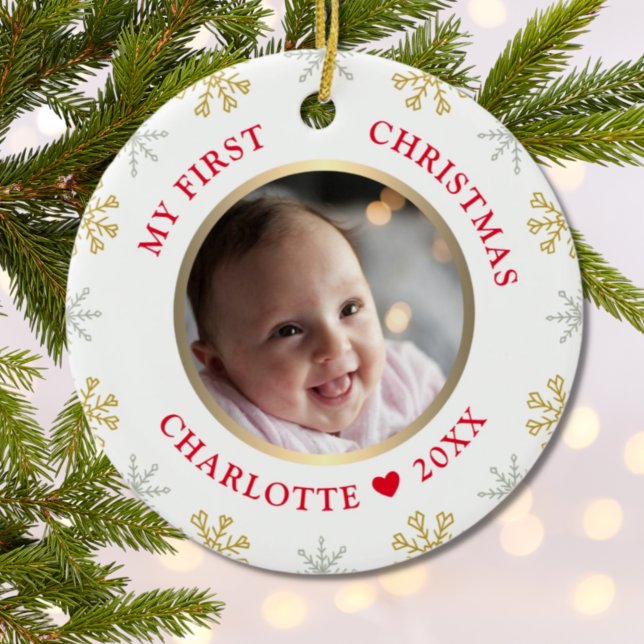 Baby's First Christmas Photo Festive Holiday Ceramic Ornament (Creator Uploaded)