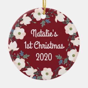 Baby's First Christmas Photo Floral Wreath Ceramic Ornament