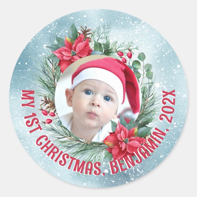 Baby's first Christmas photo floral wreath Classic Round Sticker (Front)