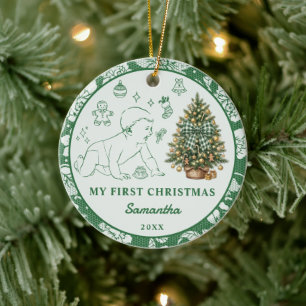 Baby's First Christmas Photo Forest Green Lace Ceramic Ornament