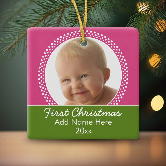 Baby's First Christmas Photo Frame Ceramic Ornament (Personalized photo ornament)